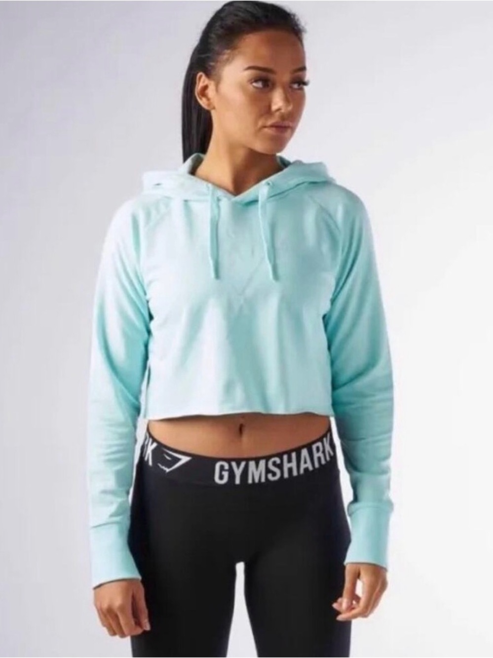 Gymshark Women’s Cropped Pullover Hoodie Logo Hooded Fleece Pale Turquoise S